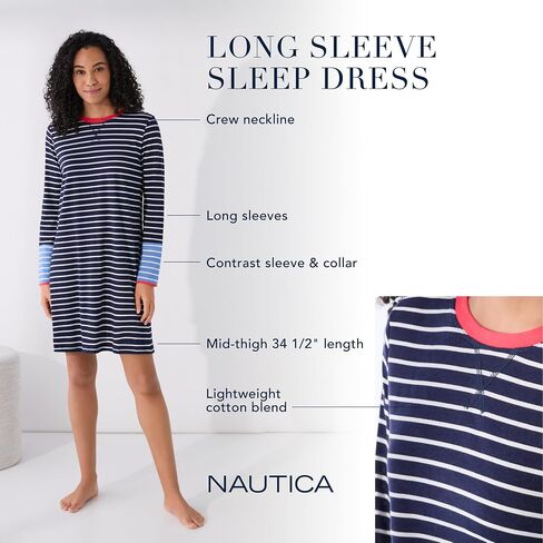 Nautica للسيدات منتصف الفتحة الرقبة الرقبة Pajama sleepshirt ، شريط بلوك شريط ، القطن القميص الناعم التنفس/رايون in Saudi Arabia