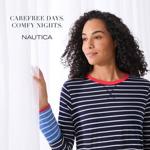 Nautica للسيدات منتصف الفتحة الرقبة الرقبة Pajama sleepshirt ، شريط بلوك شريط ، القطن القميص الناعم التنفس/رايون in Saudi Arabia