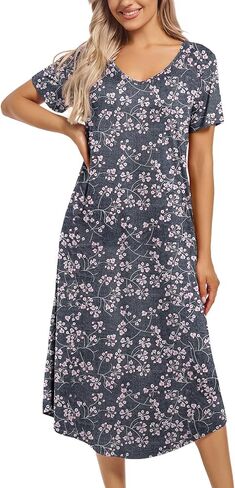 ENJOYNIGHT Womens Nightgown Short Sleeve Night Dress Long Sleepwear Gown with Pockets in Kuwait