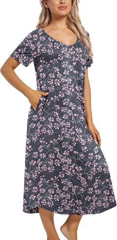 ENJOYNIGHT Womens Nightgown Short Sleeve Night Dress Long Sleepwear Gown with Pockets in Kuwait