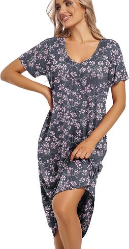 ENJOYNIGHT Womens Nightgown Short Sleeve Night Dress Long Sleepwear Gown with Pockets in Kuwait