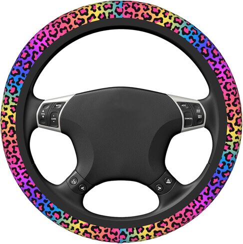 Steering Wheel Cover Rainbow Leopard Skin Elastic Steering Wheel Protector Neoprene Anti-Slip Sweat Absorption Universal Car Accessories 15 Inch for Women Men Fit Auto Cars Trucks in Saudi Arabia