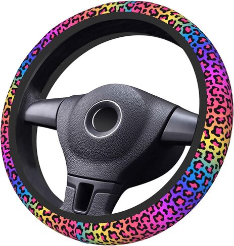 Steering Wheel Cover Rainbow Leopard Skin Elastic Steering Wheel Protector Neoprene Anti-Slip Sweat Absorption Universal Car Accessories 15 Inch for Women Men Fit Auto Cars Trucks in Saudi Arabia