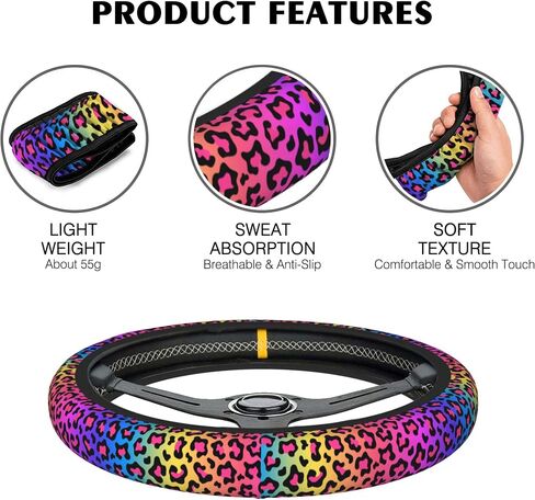 Steering Wheel Cover Rainbow Leopard Skin Elastic Steering Wheel Protector Neoprene Anti-Slip Sweat Absorption Universal Car Accessories 15 Inch for Women Men Fit Auto Cars Trucks in Saudi Arabia
