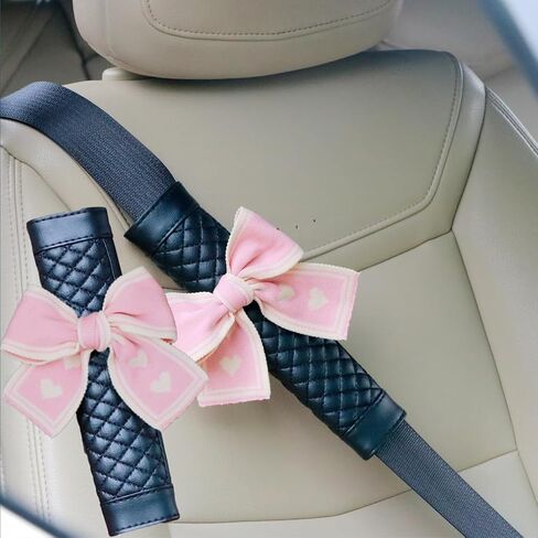 Quilted Leather Car Seat Belt Cover Pads with Cute Bows,Pink Bowknot Seatbelt Covers for Women,Auto Seat Strap Pads for Shoulder, 2-Pack in Saudi Arabia