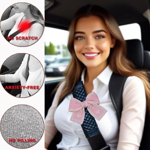 Quilted Leather Car Seat Belt Cover Pads with Cute Bows,Pink Bowknot Seatbelt Covers for Women,Auto Seat Strap Pads for Shoulder, 2-Pack in Saudi Arabia