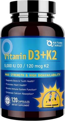 NATURE TARGET Vitamin D3 K2 with Calcium & Magnesium– Max Strength for Bone, Heart & Immune Support – 5000 IU Vitamin D3, 120 mcg K2, Non-GMO, Gluten-Free, 120 Count in Saudi Arabia