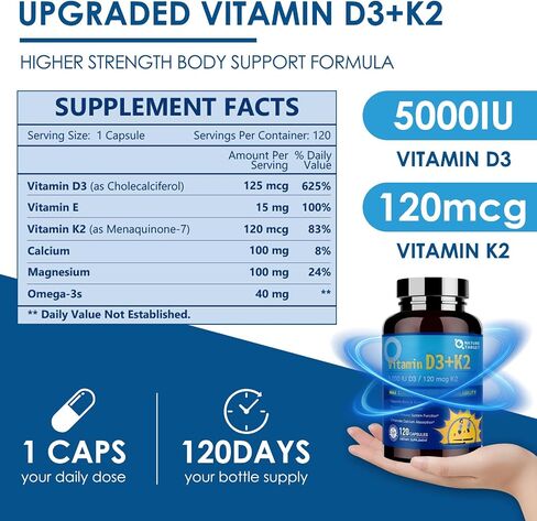 NATURE TARGET Vitamin D3 K2 with Calcium & Magnesium– Max Strength for Bone, Heart & Immune Support – 5000 IU Vitamin D3, 120 mcg K2, Non-GMO, Gluten-Free, 120 Count in Saudi Arabia