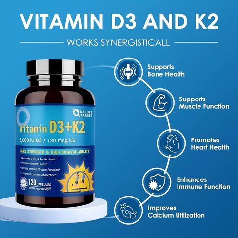 NATURE TARGET Vitamin D3 K2 with Calcium & Magnesium– Max Strength for Bone, Heart & Immune Support – 5000 IU Vitamin D3, 120 mcg K2, Non-GMO, Gluten-Free, 120 Count in Saudi Arabia