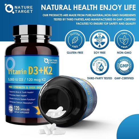 NATURE TARGET Vitamin D3 K2 with Calcium & Magnesium– Max Strength for Bone, Heart & Immune Support – 5000 IU Vitamin D3, 120 mcg K2, Non-GMO, Gluten-Free, 120 Count in Saudi Arabia