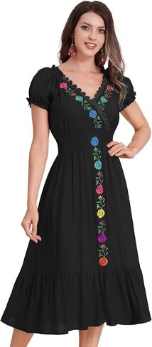 Mexican Dress for Women Floral Embroidered Dress Short Sleeve V Neck Traditional Ethnic Cinco De Mayo Fiesta Dress in Saudi Arabia