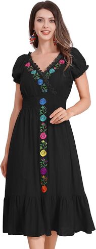 Mexican Dress for Women Floral Embroidered Dress Short Sleeve V Neck Traditional Ethnic Cinco De Mayo Fiesta Dress in Saudi Arabia