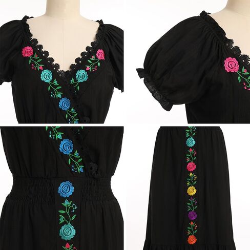 Mexican Dress for Women Floral Embroidered Dress Short Sleeve V Neck Traditional Ethnic Cinco De Mayo Fiesta Dress in Saudi Arabia