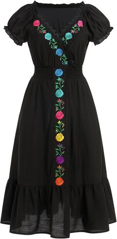 Mexican Dress for Women Floral Embroidered Dress Short Sleeve V Neck Traditional Ethnic Cinco De Mayo Fiesta Dress in Saudi Arabia