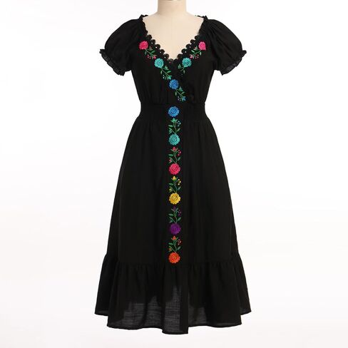 Mexican Dress for Women Floral Embroidered Dress Short Sleeve V Neck Traditional Ethnic Cinco De Mayo Fiesta Dress in Saudi Arabia