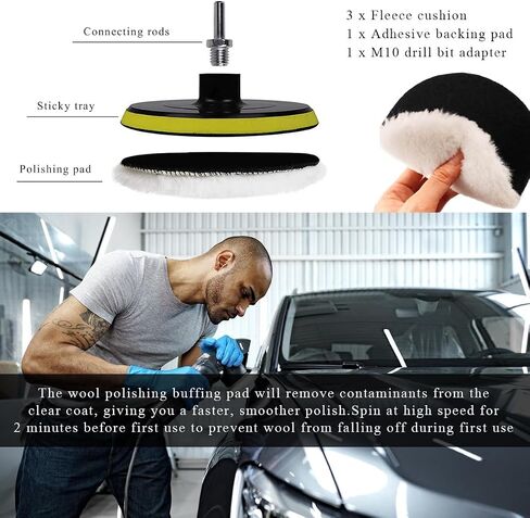 7 Inch Wool Polishing Buffing Pad, Polishing Buffing Wheel Hook and Loop Compound Cutting with M14 Drill Adapter, Wool Polishing Pads for Drill Buffer Attachment in Kuwait