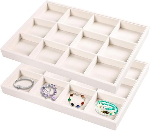 2pcs/Set Velvet Jewelry Tray, 24 Grids Large Storage Tray for Bracelet Bangle Beads Display, Jewellery Organizer Box Tray for Home Drawer or Shop Store Selling Show (Beige Velvet) in Saudi Arabia