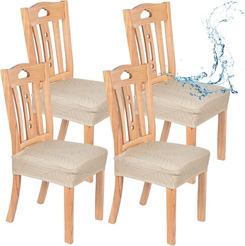 4-Pack Waterproof Dining Chair Covers, Stretch Jacquard Dining Room Seat Cover for Kitchen/Home/Banquet, Removable Washable Chairs Cushion Slipcovers Protector [Beige] in Saudi Arabia