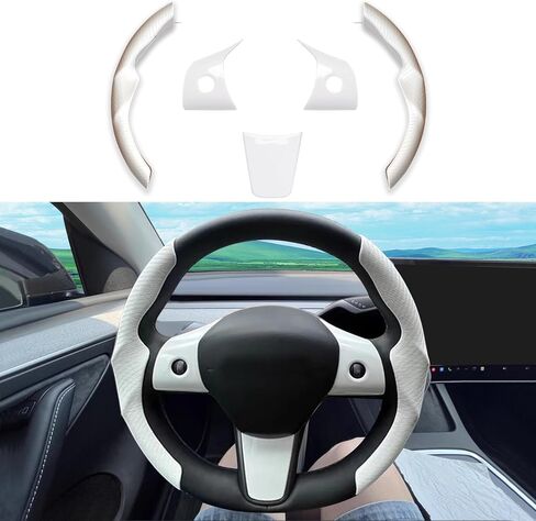 for Tesla 2017-2023 Model 3 and 2020-2024 Model Y Steering Wheel Cover Trim Interior Decoration Protection Accessories (M3/My-White 5pcs) in Kuwait