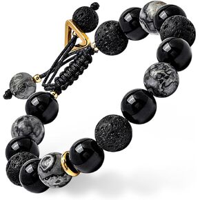 GUXI-Phantom Night Obsidian Mens Bracelet with Adjustable Rope Gemstone Beads Handmade Lava Rock Protection Bracelet Stainless Steel Bracelet Gifts for Men