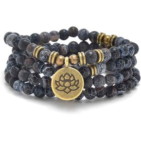 108 قلادة أو سوار Mala Beads Beads مع سحر اللوتس باللون البرونزي العتيق