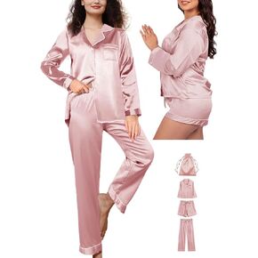 4Pcs Womens Silk Pajamas Set XS-XXL Satin Pajama Sets for women Silky Pj Set Sleepwear Pjs Nightwear Loungewear