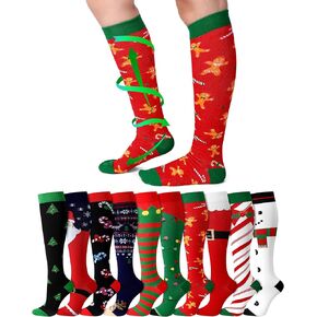 10 Pairs Funny Christmas Compression Socks for Women Men Circulation 15-20 mmHg Xmas Knee High Support Stockings Novelty Holiday Gift for Nurses Running Travel Pregnancy