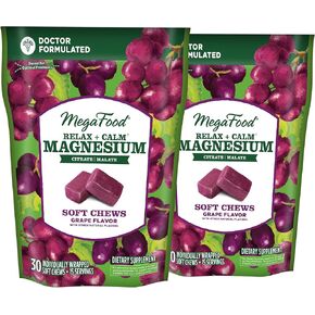 MegaFood Relax + Calm Magnesium Supplement -Soft Chews with Magnesium Citrate & Magnesium Malate - Grape-Flavor - Dr Formulated - Vegetarian - Without 9 Food Allergens - 30 Chews (Pack of 2)