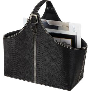 Deco 79 Leather Handmade Decorative Magazine Holder Box Style Single Slot Magazine Rack with Detail Stitching and Curved Buckle Handles, File Holder 17" x 8" x 15", Black