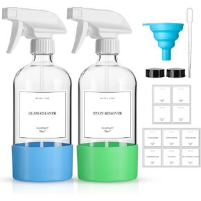 2 Pack Glass Spray Bottles with Silicone Sleeve,16oz Clear Glass Spray Bottles Refillable Empty Bottle with Adjustable Nozzle,Spray Bottle for Essential Oils,Cleaning Solutions,Pets,Hair