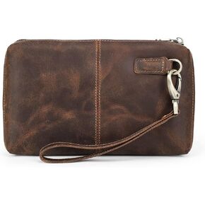 Contacts Mens Clutch Bag Leather Wallet, Crazy Horse Leather Vintage Clutch Wallet for Men Travel Wristlet Handbag Card Holder Phone Checkbook Purse