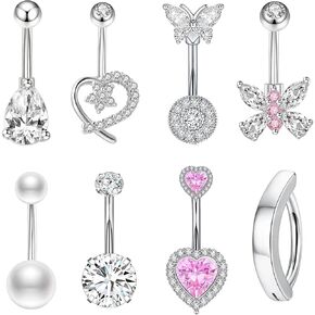 14G Belly Button Ring Surgical Stainless Steel Navel Piercing Jewelry Hypoallergenic Cute Butterfly Clicker Clip Hoop Pink Heart Belly Button Piercings Pack for Women Dainty Navel Ring