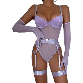 Women's Sexy Mesh Lingerie Set Garter Teddy Neon Bodysuit with Underwire Chest support, Babydoll & 1 Pair Gloves