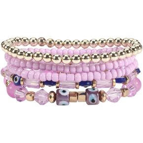 5Pcs Bohemian Stackable Beaded Bracelets Set for Women,Multilayer Evil Eye Bracelets,Boho Layered Strand Bead Bracelets, Handmade Crystal Lucky Protection Stretch Bracelets for Women