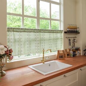 Deeprove Boho Valance Kitchen Short Curtain, Textured Striped Drape Light Filtering Tier Embroidered Chic Window Treatment for Cafe Restaurant Laundry Room, W52 x L18 inch Single 1 Panel Cream White