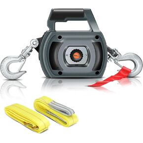 Portable Drill Winch of 1500 LB, Grey Handheld Drill Winch with 40 Foot Synthetic Rope, Rotate The Hook 360 Degrees, for Lifting & Dragging (Down Strap with D Rings)