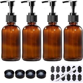12 Pack 8 oz Amber Glass Bottles with Pumps for Essential Oils, Cleaning Products, Lotions, Aromatherapy Oil, Pump Bottles, Refillable Containers With Cap, Funnel, 12 Chalk Labels, 1 Pen