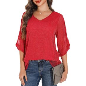 GUANYY Women's Ruffle 3/4 Sleeve Chiffon Tops Casual V Neck Double Layers Sheer Blouses Business Work Dressy Shirt S-XXL