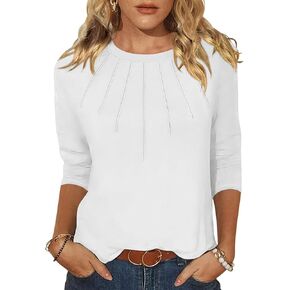 ANRABESS Women Dressy Casual Blouse 3/4 Sleeve Shirts Pleated Round Neck Business Work Tunic Tops Spring Summer Tees