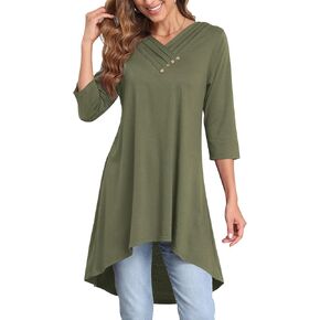 Naggoo Womens Long Shirts for Leggings 3/4 Sleeve V Neck Button Decor High Low Tops Casual Loose Fit Tunic Tops