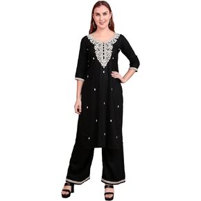 ladyline Womens Black Kurta with Pants Set Chikankari Schiffli Embroidered Kurti Tunic Dress
