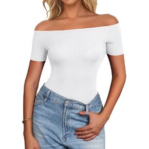 Sexy Off The Shoulder Tops for Women Summer Short Sleeve Shirts Ribbed Slim Fitted Trendy Going Out Tops