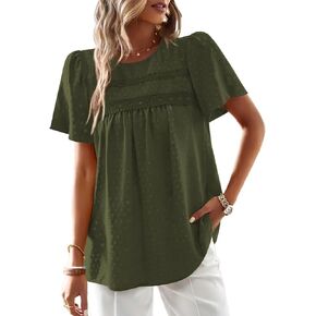 Poetsky Womens Summer Boho Tops Crewneck Short Sleeve Babydoll Shirts Casual Chiffon Work Blouses 2025 Trendy