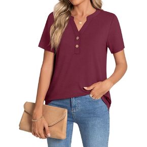 CATHY Womens Summer Tunic Tops Short Sleeve V-neck Henley Shirts Trendy Button Blouses
