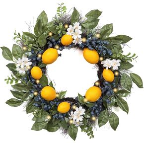 Valery Madelyn Summer Artificial Lemon Wreaths for Front Door with Lights, Spring Summer Door Wreath with Eucalyptus Greenery Leaves Blueberry for Farmhouse Home Window Kitchen Party Wall Decor-16''