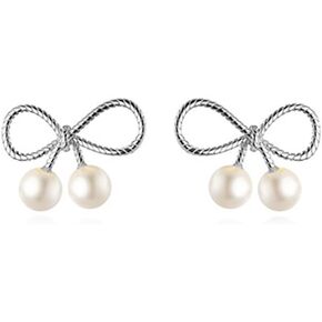 Reffeer Solid 925 Sterling Silver Bow Stud Earrings Ribbon for Women Teens Bowknot Stud Earrings Pearls