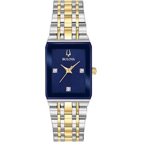 Bulova Ladies' Modern Quadra Two-Tone Stainless Steel 3-Hand Quartz Watch, Blue Dial with Diamond Markers Style: 98P177