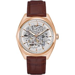 Pulova Men's Classic Surveyor 3-Hand Outomatic Rose Gold Steel Latible Strap ، حزام من الجلد البني ، الهيكل العظمي الكامل ، النمط: 97A175