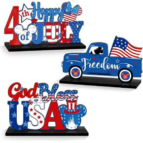4th of July Table Decorations Mouse Shaped, 3 Pieces Patriotic Memorial Day Table Signs Centerpiece, Independence Day Wooden Tabletop Sign With Base, Freedom Truck Star USA Ornament for Home Decor