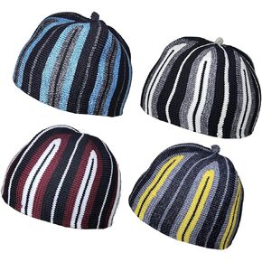 4 Pieces Muslim Beanie Prayer Cap Amn-338 Islam Kufi Hat Knit Crochet Taqiyah Takke Skull Topi Headwear Eid Ramadan Gift